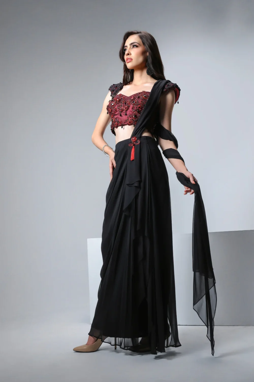 Wine Aura Drape Saree