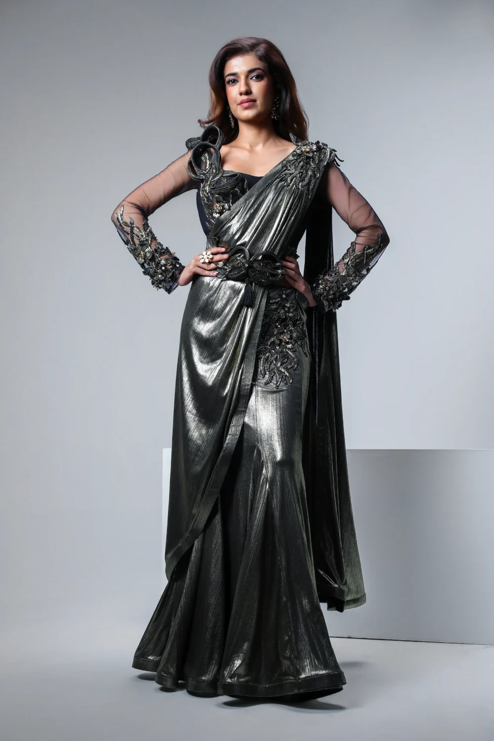 Liquid Grey Gold Drape Saree